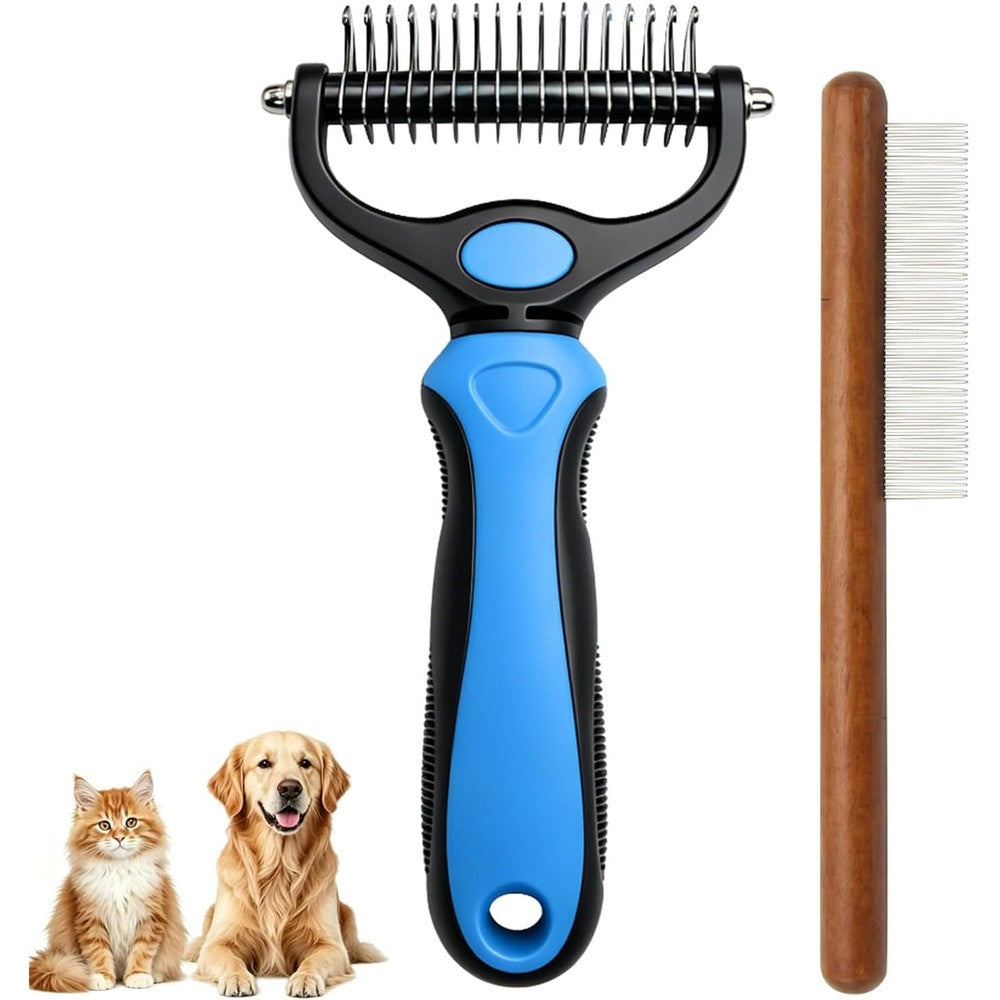 Pet Pro Grooming Tool For Dogs And Cats 2-in-1 Blue Deshedding Brush And Wooden-Handle Steel Comb For Long Hair And Thick Coats