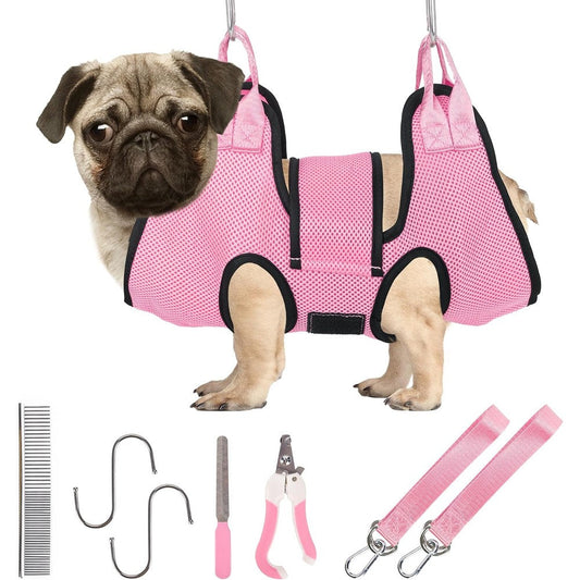 PatiencET Dog Grooming Hammock For Small Dogs And Cats With Security Strap And Nail Trimming Kit In Pink Size Small