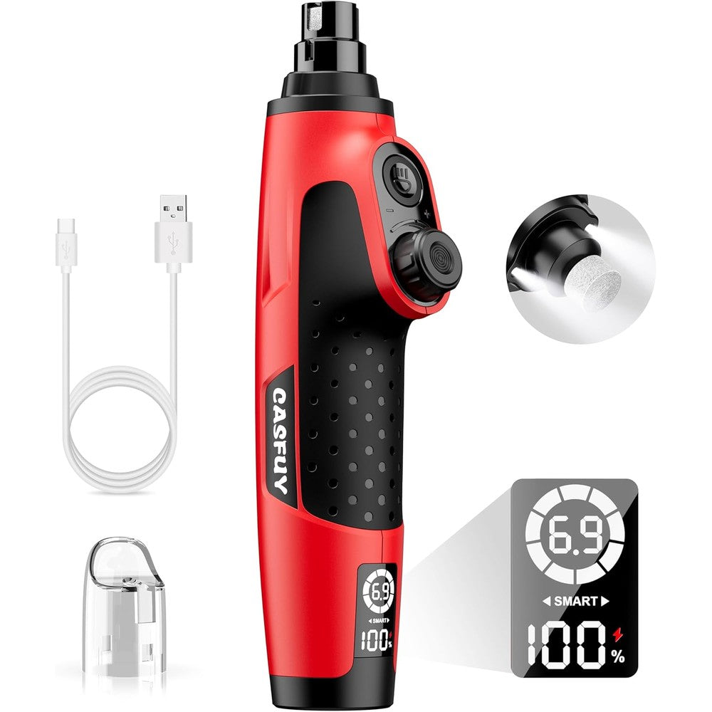 Casfuy Smart 6-Speed Dog Nail Grinder With 2 LED Lights Rechargeable Electric Pet Nail Trimmer For Large Medium And Small Dogs And Cats Red