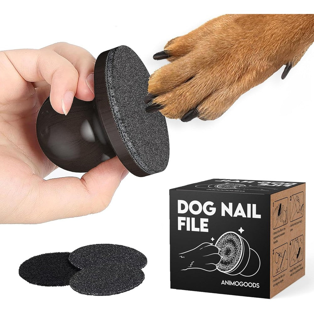 AnimoGoods Dog And Cat Nail File Board With Real Wood Handle And Replaceable Sandpaper Discs For Stress Free Pet Paw Grooming