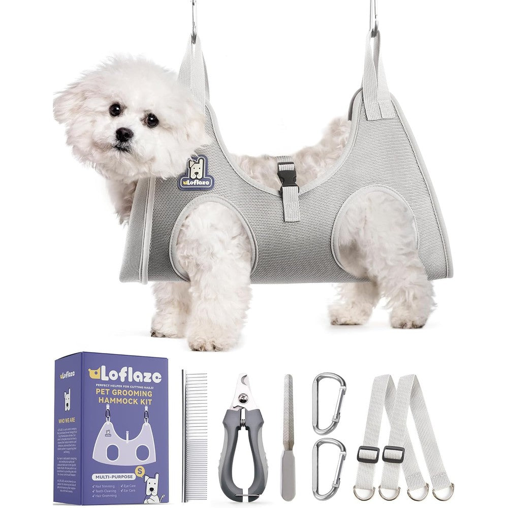 Loflaze Dog Grooming Hammock Harness For Dogs And Cats With Pet Nail Clipper Trimmer Kit Grey Size Small