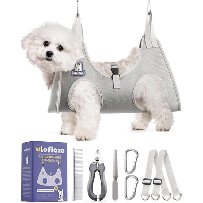 Loflaze Dog Grooming Hammock Harness For Dogs And Cats With Pet Nail Clipper Trimmer Kit Grey Size Small