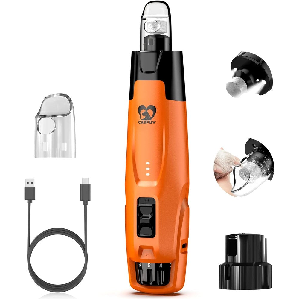 Casfuy N75 Upgraded 6-Speed Dog Nail Grinder With LED Lights And 50 Percent More Power For Large Medium And Small Pets (Orange)