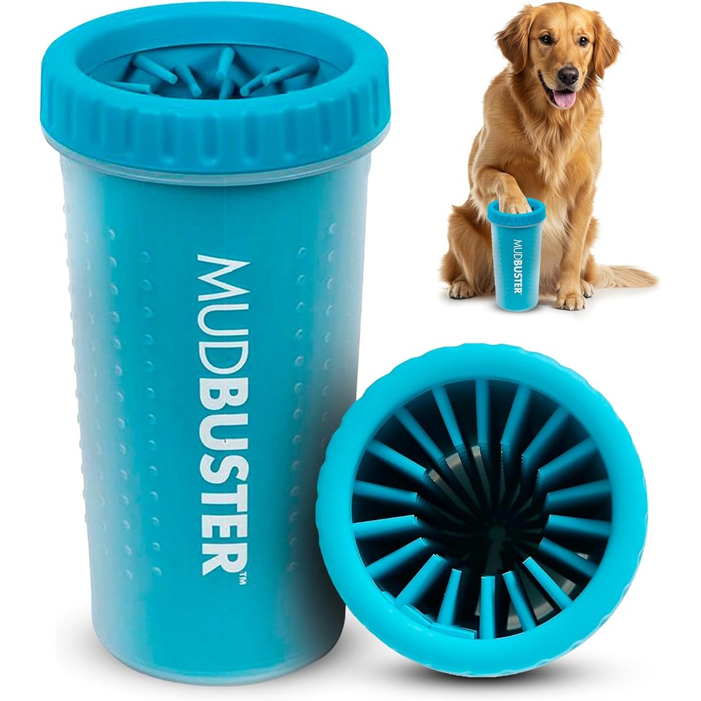 Dexas MudBuster Portable Dog Paw Cleaner Large Blue Fits 2.5 To 3.5 Inch Wide Paws Gentle Silicone Bristles For Muddy Pets