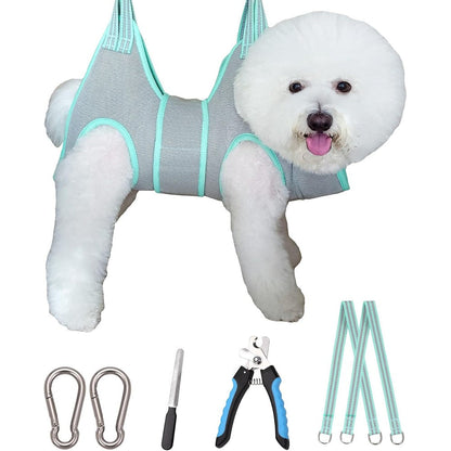 Kkiimatt Dog Grooming Hammock Harness For Small Dogs Silver Gray With Thick Neck Support And Professional Nail Trimming Grooming Tool Kit