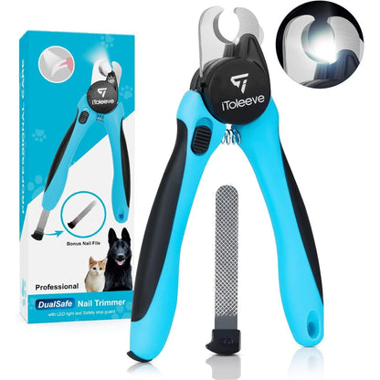 Itoleeve Dog Nail Clipper Dual Safe Trimmer With Led Light Safety Guard And Hidden File For Cats And Dogs Stainless Steel