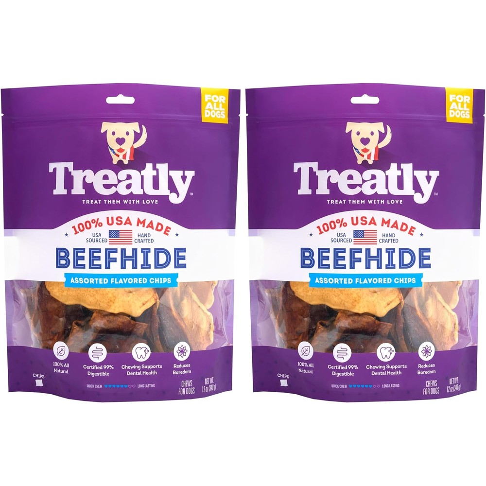 Treatly USA Beefhide Chips Dog Chew Treats Chicken And Beef Flavor Twelve Ounce Two Pack