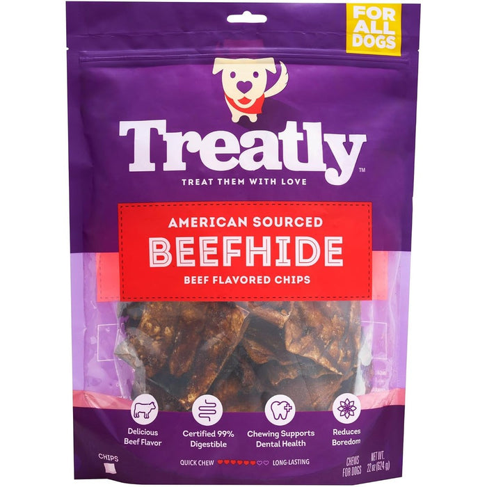 Treatly American Sourced Beefhide Chips Dog Chew Treats Beef Flavor Thick Long Lasting Rawhide For All Breeds 22 Ounce Pack