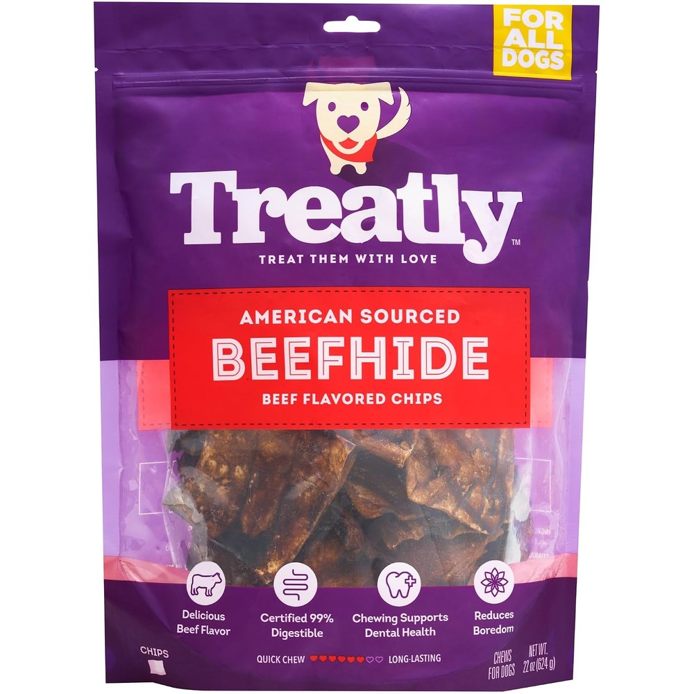 Treatly American Sourced Beefhide Chips Dog Chew Treats Beef Flavor Thick Long Lasting Rawhide For All Breeds 22 Ounce Pack