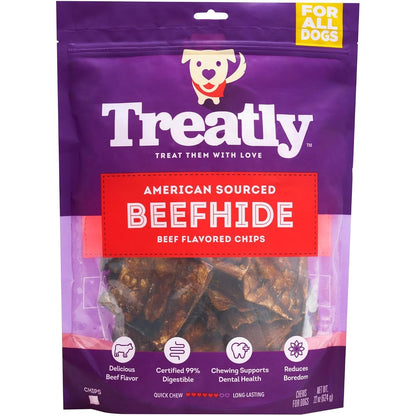 Treatly American Sourced Beefhide Chips Dog Chew Treats Beef Flavor Thick Long Lasting Rawhide For All Breeds 22 Ounce Pack