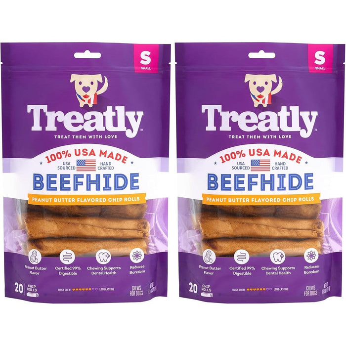Treatly USA Beefhide Chip Rolls Five To Six Inch Dog Chew Treats Peanut Butter Flavor Premium Sourced From American Cattle Twenty Count Two Pack