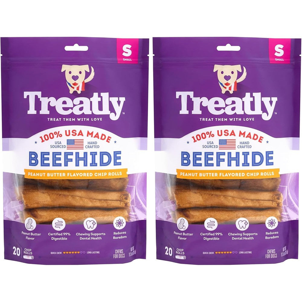 Treatly USA Beefhide Chip Rolls Five To Six Inch Dog Chew Treats Peanut Butter Flavor Premium Sourced From American Cattle Twenty Count Two Pack
