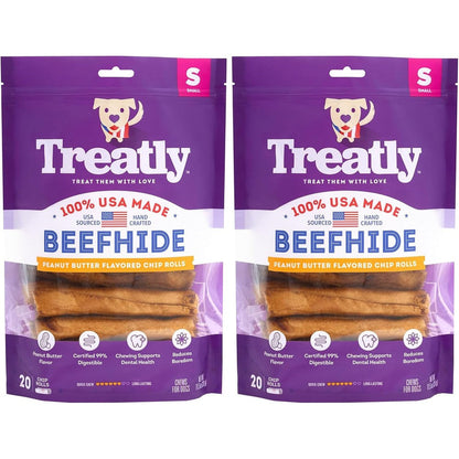Treatly USA Beefhide Chip Rolls Five To Six Inch Dog Chew Treats Peanut Butter Flavor Premium Sourced From American Cattle Twenty Count Two Pack