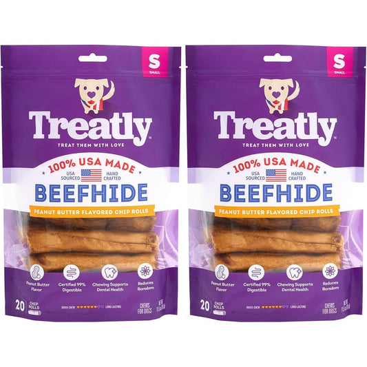 Treatly USA Beefhide Chip Rolls Five To Six Inch Dog Chew Treats Peanut Butter Flavor Premium Sourced From American Cattle Twenty Count Two Pack