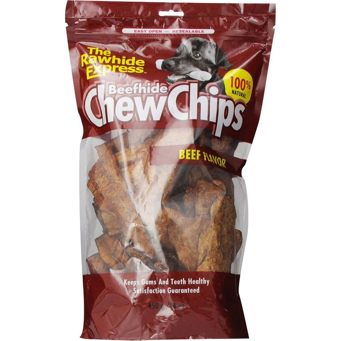 The Rawhide Express Beefhide Chew Chips Beef Flavored All Natural Fully Digestible Dog Treats For Dental Health And Jaw Strength Sixteen Ounce