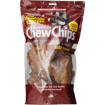 The Rawhide Express Beefhide Chew Chips Beef Flavored All Natural Fully Digestible Dog Treats For Dental Health And Jaw Strength Sixteen Ounce