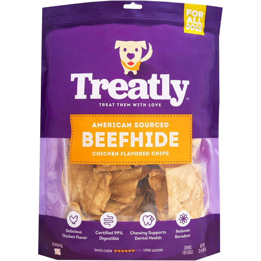 Pet Factory American Sourced Beefhide Chips Dog Chew Treats Chicken Flavor Thirty Two Ounce Pack