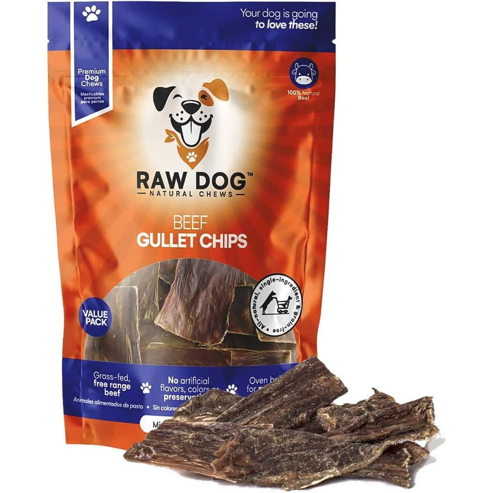 Raw Dog Natural Chews Beef Gullet Chips All Natural Dog Treats Premium Odor Free Grass Fed Beef Esophagus Chews Eight Ounce