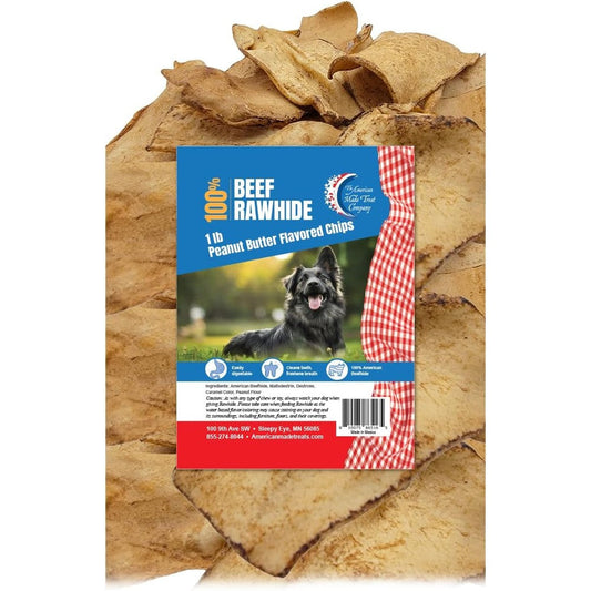 The American Made Treat Company Beefhide Chews Peanut Butter Flavored Rawhide Chips For Dogs 1 Pound
