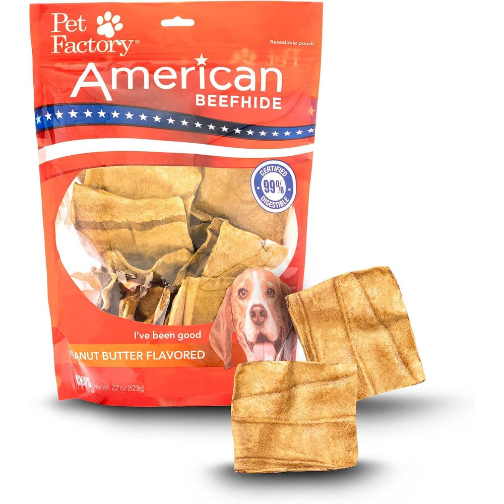 Pet Factory American Beefhide Chips Dog Chew Treats Peanut Butter Flavor Long Lasting Rawhide Chews For Dental Care Premium Sourced 22 Ounce Bag