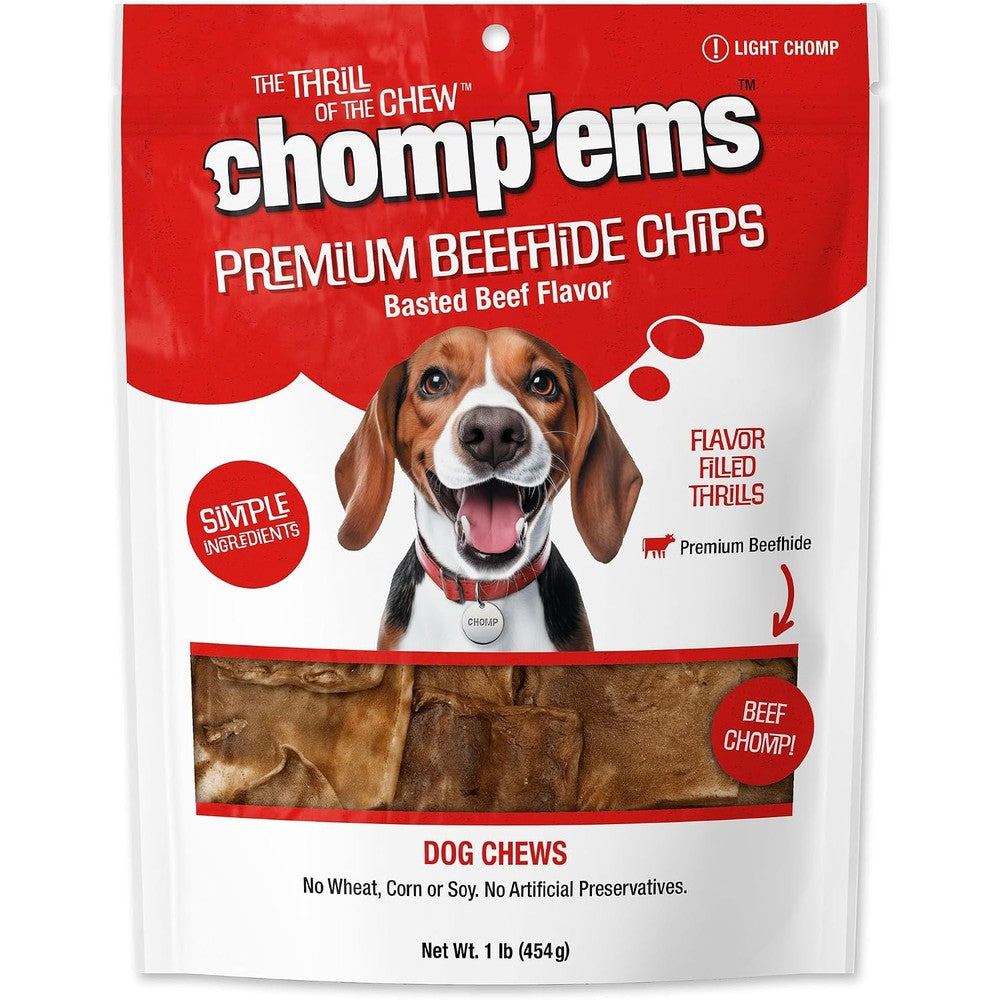 Chomp 'Ems Beef Chew Chips Long Lasting Rawhide Dog Treats High Protein Dental Care Chips 1 Pound