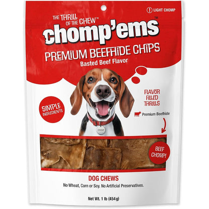 Chomp 'Ems Beef Chew Chips Long Lasting Rawhide Dog Treats High Protein Dental Care Chips 1 Pound