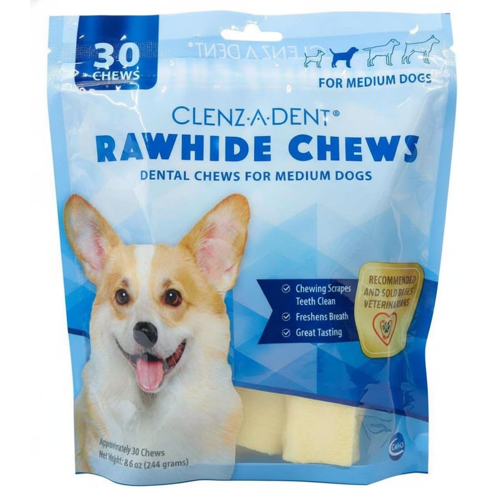 Clenz-A-Dent Enzyme Coated Rawhide Dental Chews Poultry Flavored Biofilm Reducing Oral Care Treats for Medium Breed Dogs Thirty Count