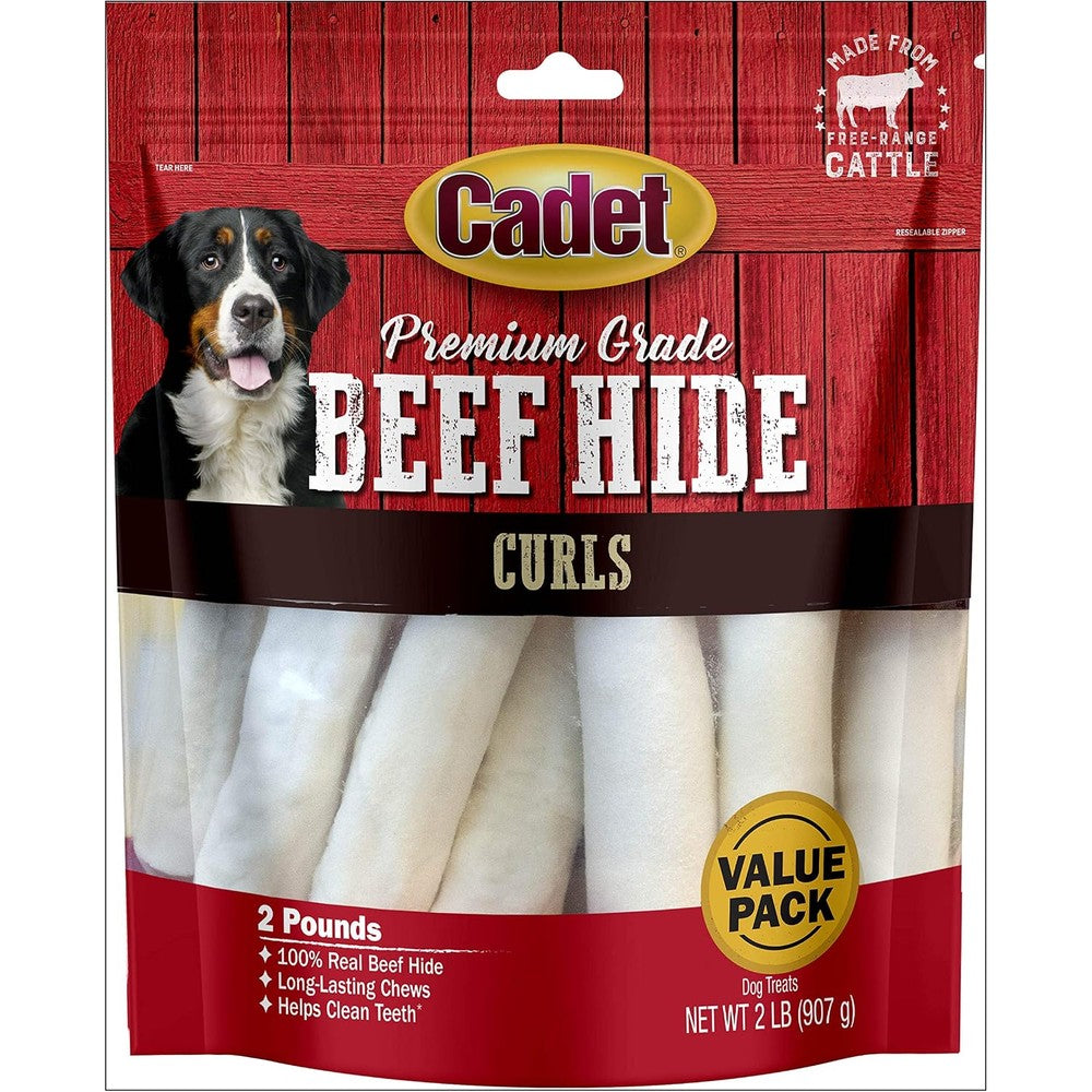 Cadet Premium Grade Beef Hide Long Lasting Rawhide Curls Single Ingredient Natural Dog Chews For Medium Breeds 2 Pound Pack