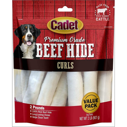 Cadet Premium Grade Beef Hide Long Lasting Rawhide Curls Single Ingredient Natural Dog Chews For Medium Breeds 2 Pound Pack