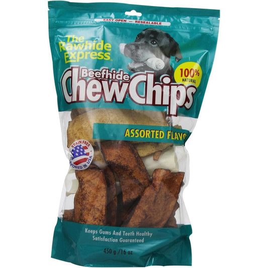The Rawhide Express Assorted Flavors Strips And Chips Dog Chew All Natural Beefhide Dental Treats Imported From USA 1-Pound Bag