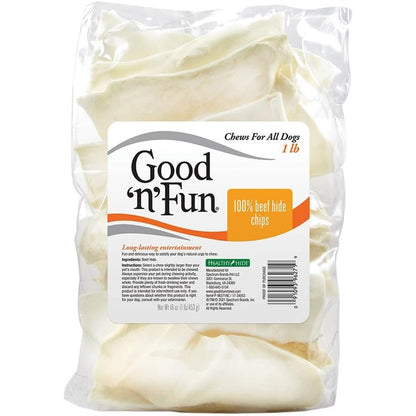 Good 'n' Fun 100 Percent Beef Hide Chips Rawhide For Dogs Long Lasting Gourmet Savory Flavor Dental Care Dog Chews One Pound Bag