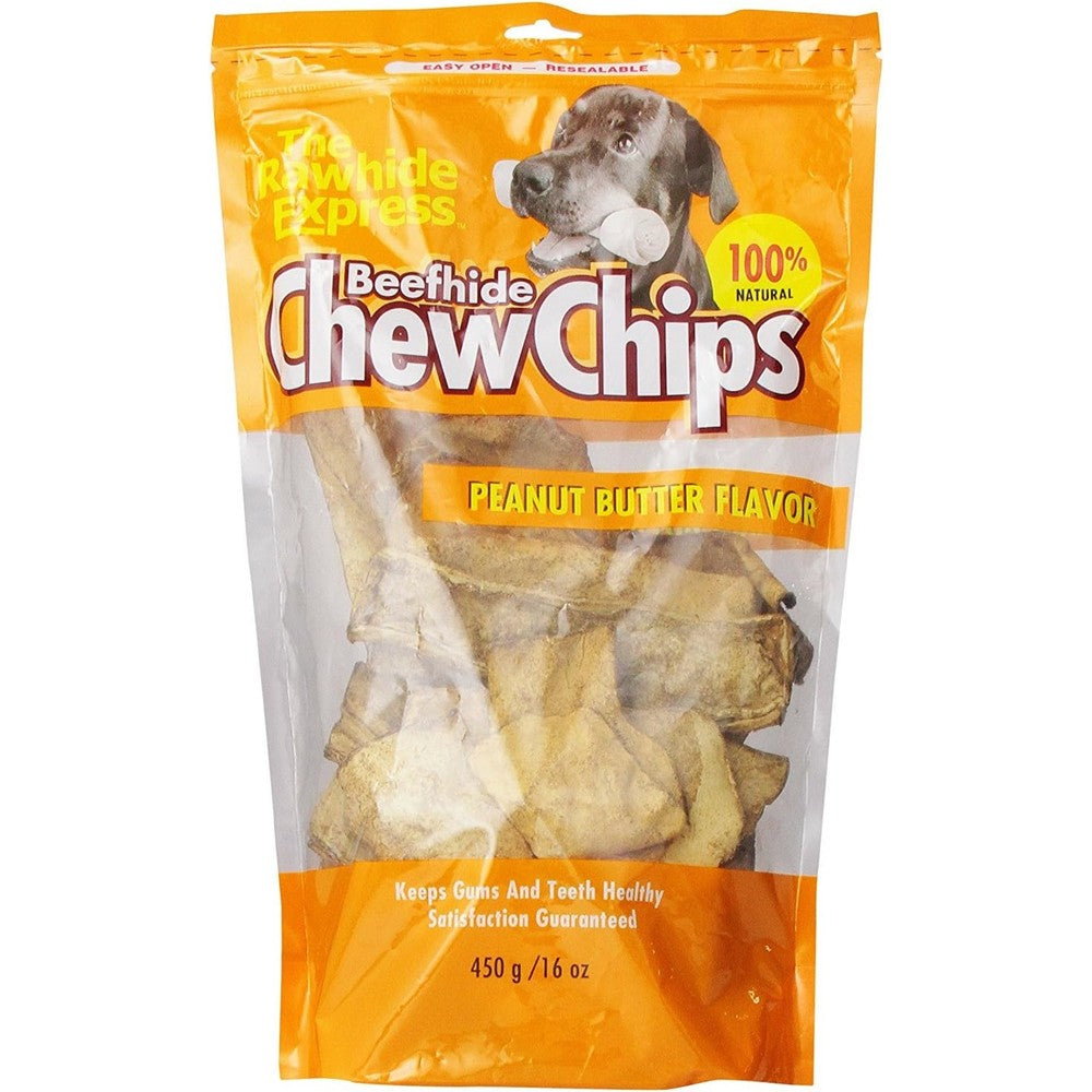 The Rawhide Express Beefhide Chew Chips Peanut Butter Flavored All Natural Long Lasting Healthy Dental Treats For Dogs One Pound Bag