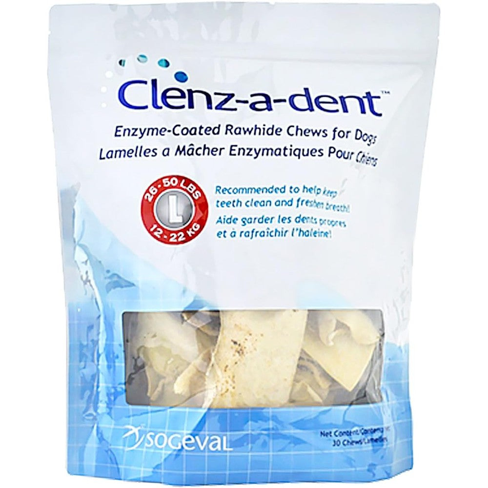 CLENZ-A-DENT Rawhide Dental Chews for Large Dogs 26 to 50 Pounds Advanced Oral Care Long Lasting Enzyme Coated Treats 30 Count