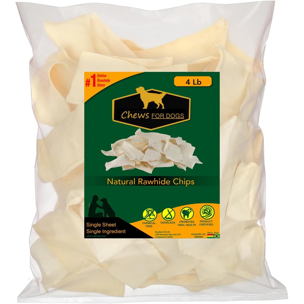 GOLDEN Chews Premium Rawhide Chips Natural Long Lasting Dog Treats Sourced From Free Range Grass Fed Beef Hide For All Life Stages Four Pounds