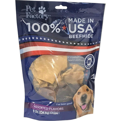 Pet Factory 100% Made In USA Beefhide Chips Dog Chew Treats Assorted Beef And Chicken Flavor 8 Ounce