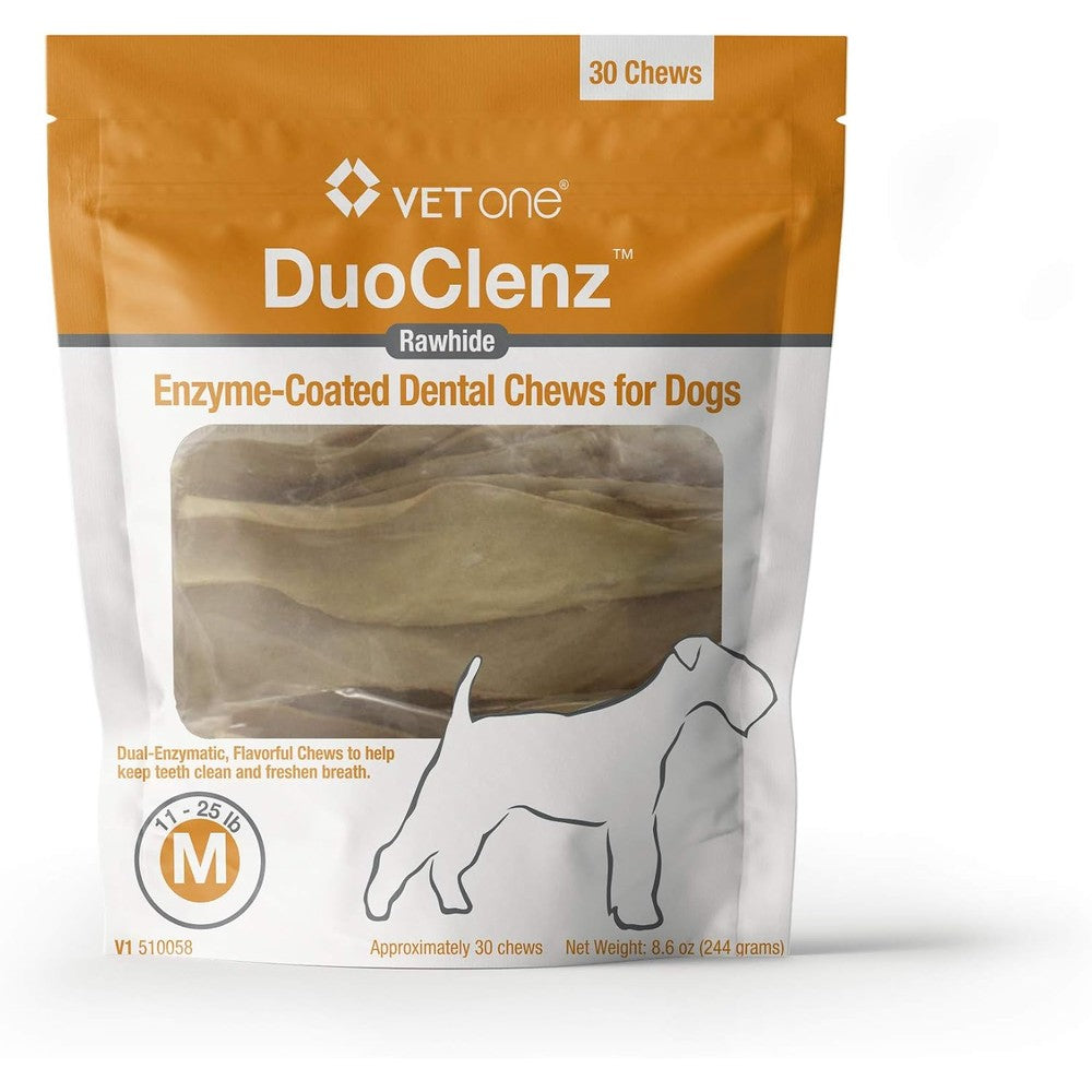 VetOne DuoClenz Enzyme Coated Rawhide Dental Hygiene Chews For Medium Sized Dogs Eleven To Twenty Five Pounds Thirty Count Bag