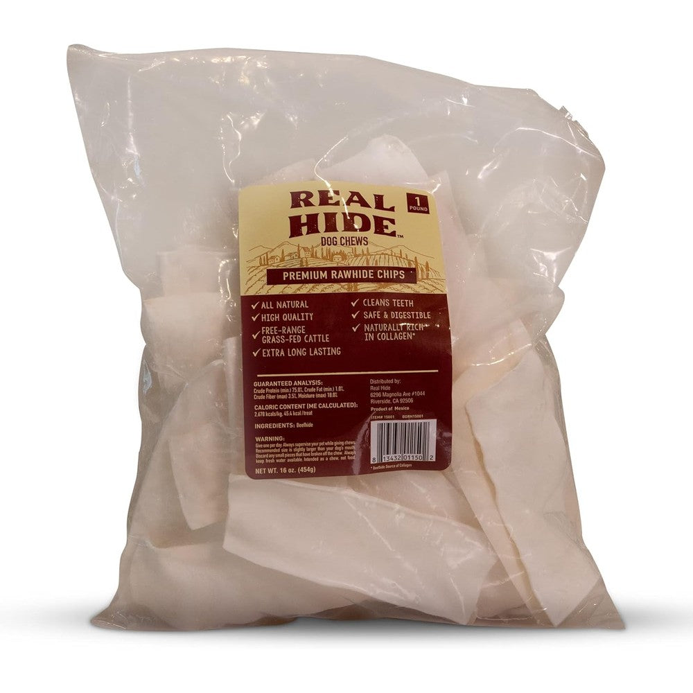 Real Hide All Natural Premium Rawhide Chips Long Lasting Grass Fed Free Range Beef Hide Dog Chew Treats For Small Medium Large Dogs 1 Pound