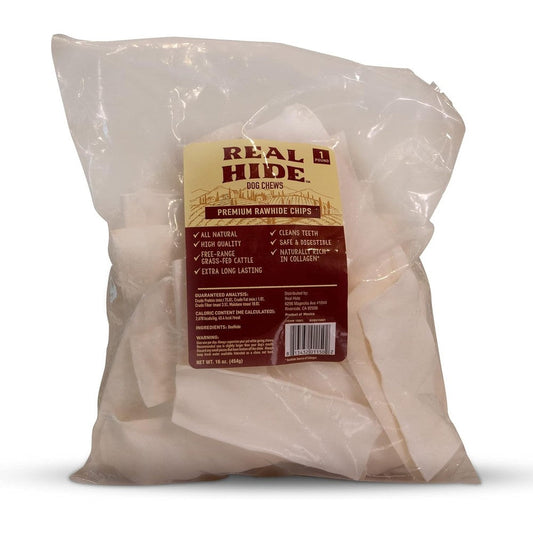 Real Hide All Natural Premium Rawhide Chips Long Lasting Grass Fed Free Range Beef Hide Dog Chew Treats For Small Medium Large Dogs 1 Pound