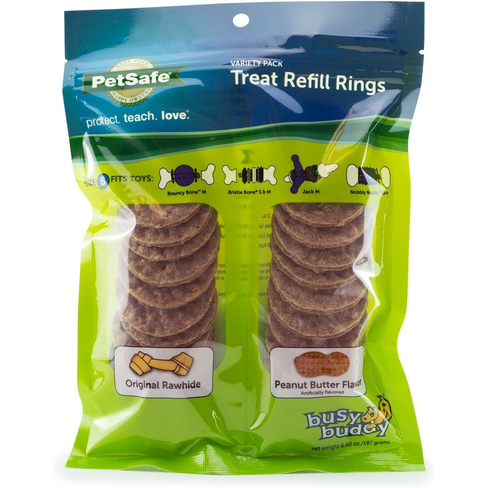 PetSafe Busy Buddy Variety Pack Treat Refill Rings For Dogs Size B Natural Rawhide And Peanut Butter Flavor 24 Count
