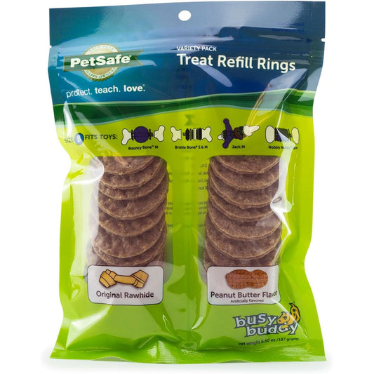 PetSafe Busy Buddy Variety Pack Treat Refill Rings For Dogs Size B Natural Rawhide And Peanut Butter Flavor 24 Count
