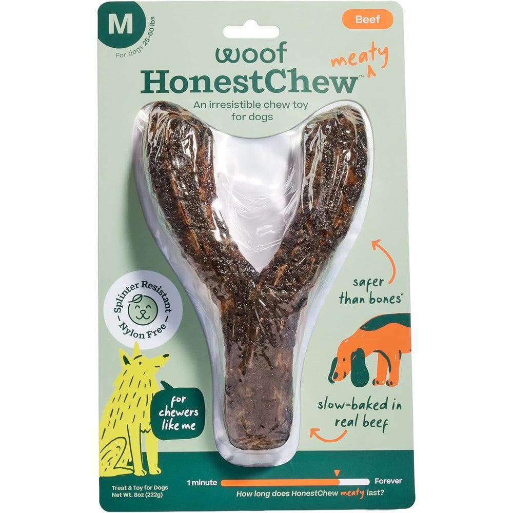 Woof HonestChew Meaty Dog Toy Y-Gnawt Medium Durable Beef Coated Chew For Dogs Plant Based Core Splinter Resistant Imported From USA