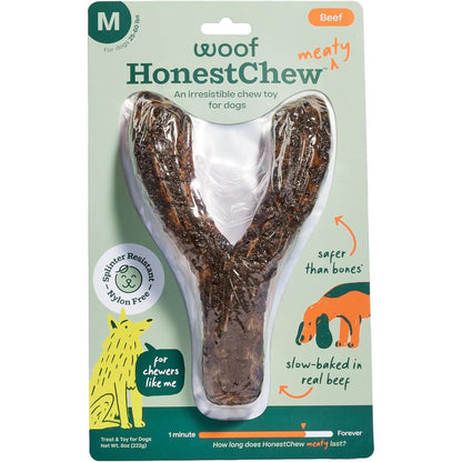 Woof HonestChew Meaty Dog Toy Y-Gnawt Medium Durable Beef Coated Chew For Dogs Plant Based Core Splinter Resistant Imported From USA