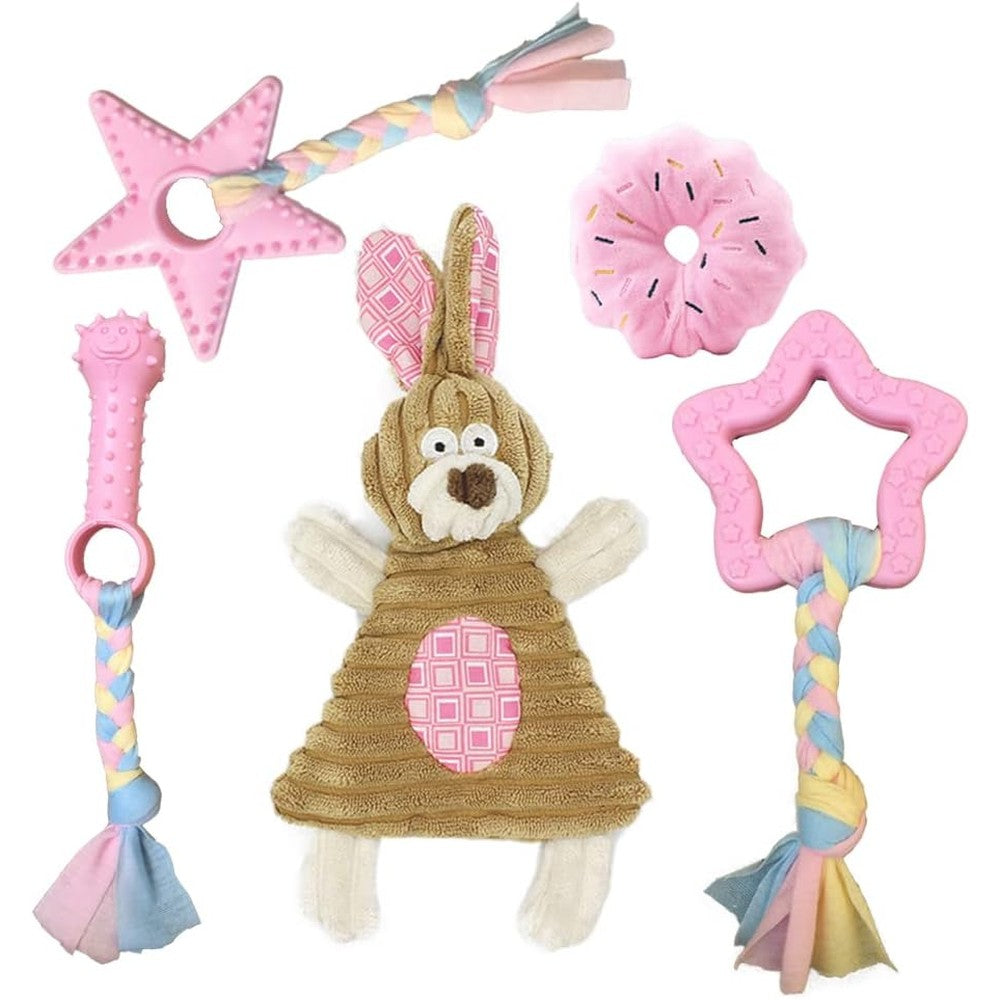 Volacopets Puppy Toys For Teething And Small Dogs Interactive Pink 5 Piece Set Including Squeaky Bunny And Crinkle Doughnut For Boredom Relief