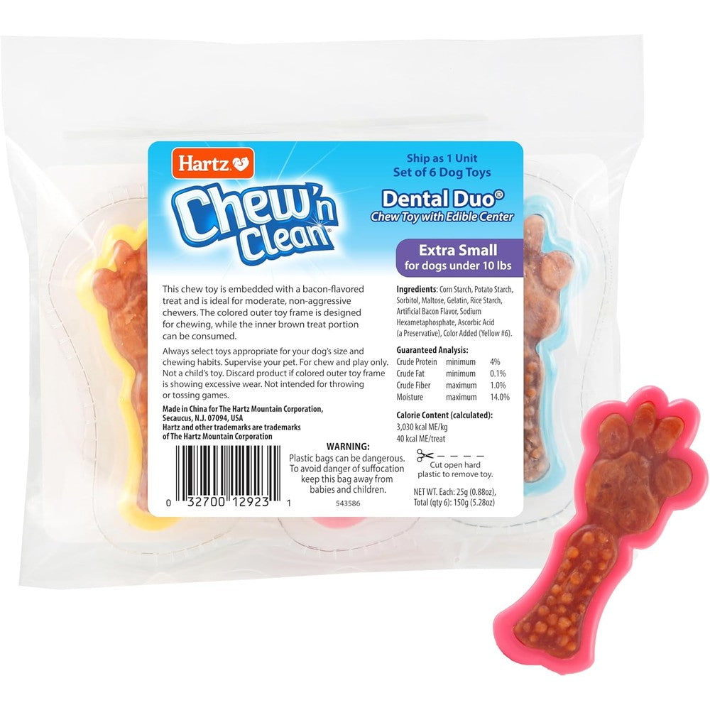 Hartz Chew 'n Clean Dental Duo Dog Treat And Chew Toy, Bacon Flavored For Extra Small Dogs, 6 Count