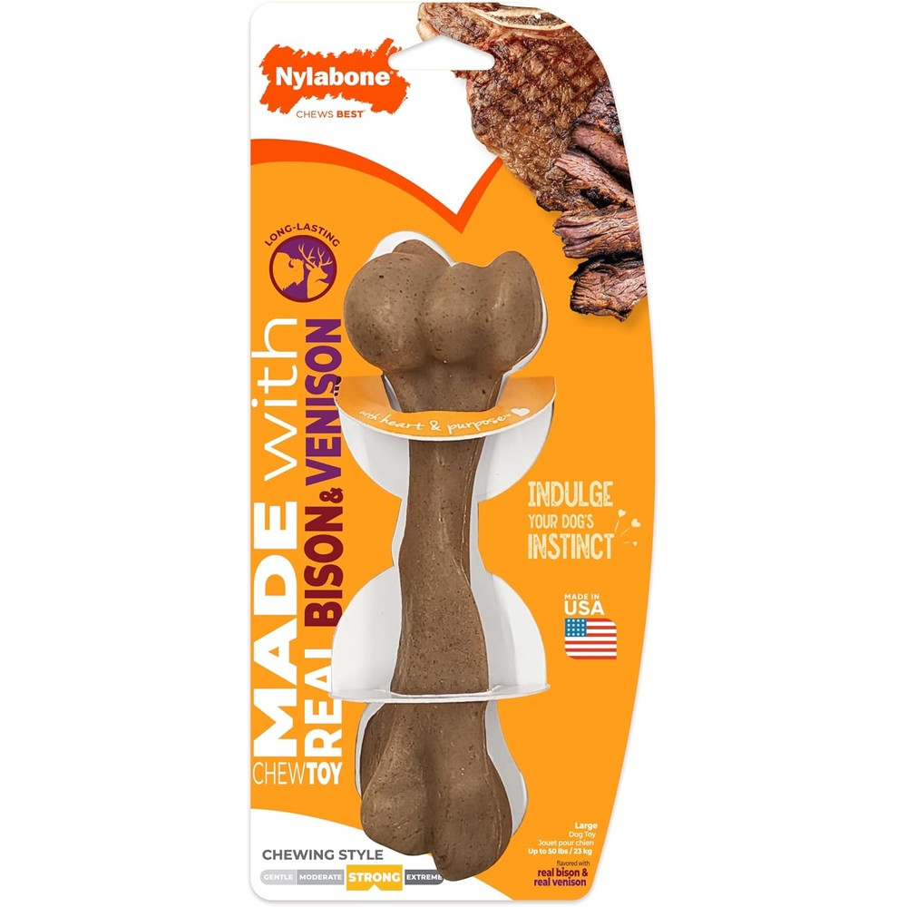 Nylabone Strong Chew Femur Bone Dog Toy Made With Real Bison And Venison For Large Dogs Up To 50 Pounds
