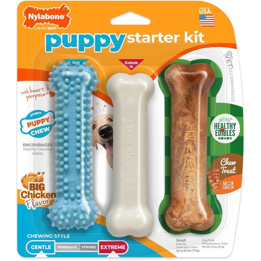 Nylabone New Puppy Starter Kit Chew Toys And Natural Chew Treat For Small Puppies Up To 25 Pounds Blue 3 Pack