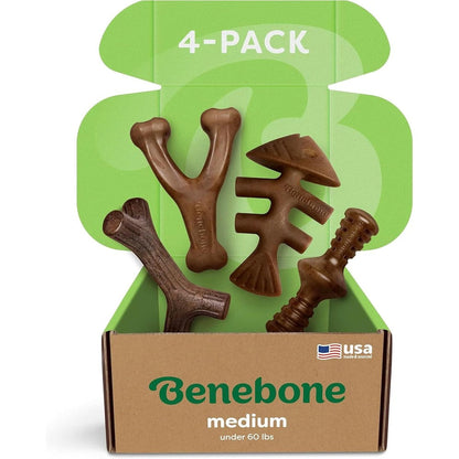 Benebone Durable Dog Chew Toy Box For Aggressive Chewers Medium Four Pack Featuring Wishbone Fishbone Stick And Zaggler Made In United States