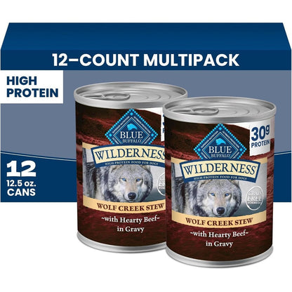 Blue Buffalo Wilderness Wolf Creek Stew Hearty Beef In Gravy Adult Wet Dog Food High Protein Grain Free Twelve Point Five Ounce Cans Twelve Count