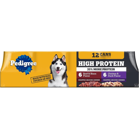 Pedigree High Protein Adult Wet Dog Food Variety Pack Chopped Chicken And Duck Flavor And Chopped Beef And Bison Flavor 13.2 Ounce Cans 12 Count