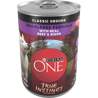 Purina ONE Wet Dog Food True Instinct Classic Ground Grain Free Formula With Real Beef And Bison High Protein Formula Twelve Cans Thirteen Ounces Each